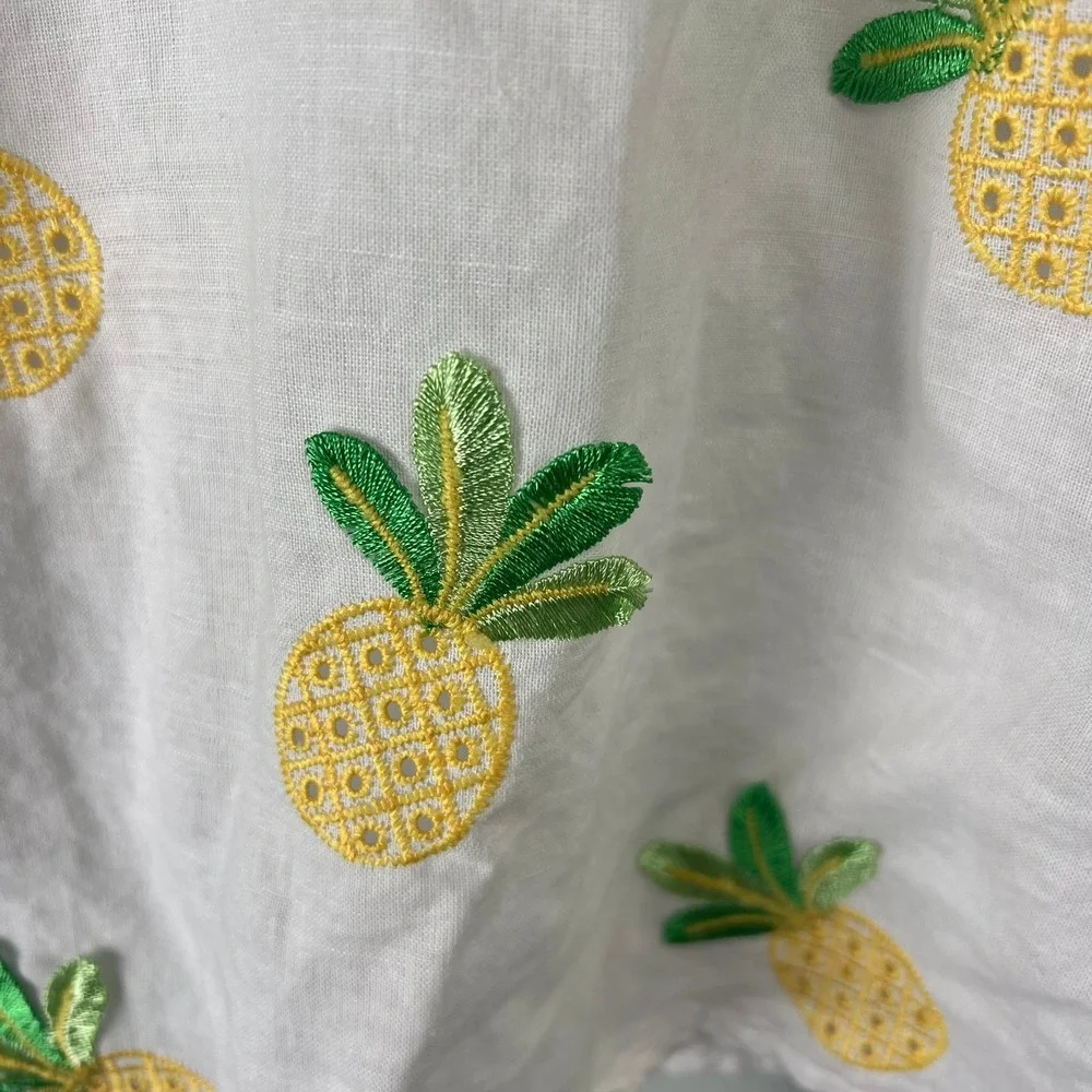 Janie and Jack Girls White Pineapple Embroidered Ramie Cotton Dress Size 6